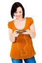 Happy woman listening media player Royalty Free Stock Photo