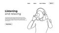 Happy woman listening music, continuous one line drawing. Vector illustration cheerful girl hearing entertainment audio. Landing