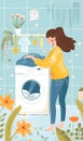 happy woman loading laundry machine with linen and clothes, female doing chores at home, domestic life