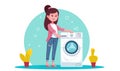 happy woman loading laundry machine with linen and clothes, female doing chores at home, domestic life
