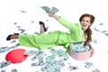 Happy woman lying with money in a box Royalty Free Stock Photo