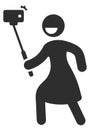 Happy woman making selfie with stick. Black icon Royalty Free Stock Photo