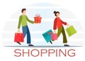 Happy woman and man walking with shopping bags and presents on plain background, shopping concept