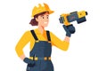 Happy woman mechanic in helmet and uniform holding electric drill. Vector image Royalty Free Stock Photo