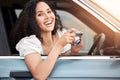 Happy woman, memory and travel with camera in car for road trip, adventure or sightseeing journey. Female person Royalty Free Stock Photo