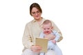 Happy woman mother with infant baby watching in digital tablet while Royalty Free Stock Photo