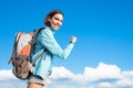 Happy woman mountain hiker