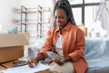 happy woman moving to new home and counting money Royalty Free Stock Photo