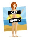 Happy woman naked on nudist beach Royalty Free Stock Photo