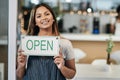 Happy woman, open sign and portrait of cafe owner, small business or waitress for morning or ready to serve. Female Royalty Free Stock Photo