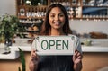 Happy woman, open sign and portrait at cafe of small business owner or waitress for morning or ready to serve. Female Royalty Free Stock Photo