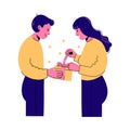 Happy woman openning a gift. Vector illustration of poeple receiving their presents. Girlfriend and boyfriend