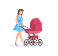 Happy woman outdoors, young mother walks with newborn in stroller. Motherhood, maternity concept