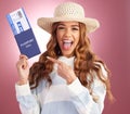 Happy woman, passport and studio portrait with pointing, identity and plane ticket by gradient background. Young student