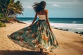 woman fashion beach sea travel hippie person lifestyle dress beautiful summer. Generative AI.