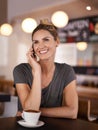 Happy woman, phone call and communication with coffee at cafe for conversation or networking. Female person with smile Royalty Free Stock Photo