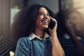 Happy woman, phone call and laughing at night for funny joke, talking or conversation at the office. Face of female with Royalty Free Stock Photo