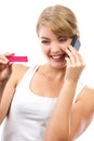 Happy woman with phone informing someone about positive pregnancy test Royalty Free Stock Photo