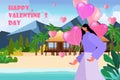 happy woman with pink air balloons on tropical beach girl in love celebrating happy valentines day