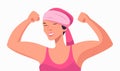 Happy woman in pink headwear showing muscles beating cancer. Vector image Royalty Free Stock Photo