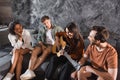 happy woman playing acoustic guitar near Royalty Free Stock Photo