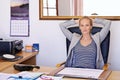 Happy woman, portrait and accountant with relax at office for documents, done or finished in finance at workplace Royalty Free Stock Photo