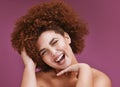 Happy woman, portrait and afro hairstyle on isolated purple background in comic emoji, laughing or silly facial