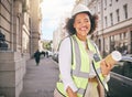 Happy woman, portrait and architect with blueprint in city for construction, ambition or outdoor career. Female person Royalty Free Stock Photo