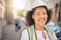 Happy woman, portrait and architect in city for construction, industrial ambition or outdoor career. Face of female Royalty Free Stock Photo