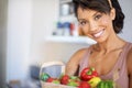 Happy woman, portrait and bag with groceries, vegetables or fresh produce in kitchen for meal at home. Female person or Royalty Free Stock Photo