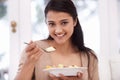 Happy woman, portrait and bowl of fruit salad for vitamin C, nutrition or healthy snack at home. Face of young female Royalty Free Stock Photo