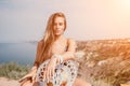 Happy boho woman portrait. Boho chic fashion style. Outdoor photo of free happy woman with long hair, sunny weather