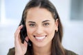 Happy woman in portrait, call center and contact us with communication and CRM with tech support. Customer service, help Royalty Free Stock Photo