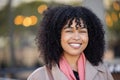 Happy woman, portrait and city travel with a smile while outdoor on London street with freedom. Face of young black Royalty Free Stock Photo