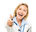 Happy woman, portrait and doctor with thumbs up for approval isolated on a white studio background. Female person Royalty Free Stock Photo