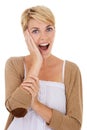 Happy woman, portrait and face in surprise for notification, news or alert on a white studio background. Female person