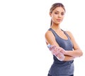 Happy woman, portrait and fitness with water bottle for hydration, workout or exercise on a white studio background Royalty Free Stock Photo