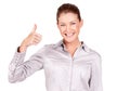 Happy woman, portrait and hand in thumbs up for achievement, success or winning against a white studio background