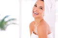 Happy woman, portrait and laughing with beauty in skincare, spa or facial treatment for hygiene at home. Face of young Royalty Free Stock Photo