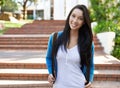 Happy woman, portrait and student with backpack on campus for back to school, learning or education. Young female person Royalty Free Stock Photo