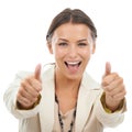 Happy woman, portrait and thumbs up for success, thank you or business on a white studio background. Face of young Royalty Free Stock Photo