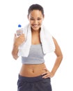 Happy woman, portrait and water bottle with towel in fitness isolated against a white studio background. Female person
