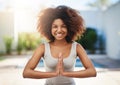 Happy woman, portrait and yoga in meditation for zen, spiritual wellness or healthy exercise outdoors. Calm African Royalty Free Stock Photo