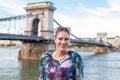 Happy woman posing at Chain Bridge, Budapest, Hungary Royalty Free Stock Photo