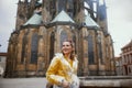 happy woman in Prague Czech Republic having walking tour
