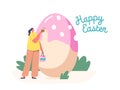 Happy Woman Prepare for Easter Spring Holiday Celebration. Tiny Female Character Decorate and Painting Huge Easter Egg