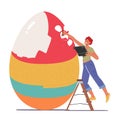 Happy Woman Prepare for Easter Spring Holiday Celebration. Tiny Female Character Decorate and Painting Huge Easter Egg