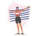 Happy Woman Proud of Win in Competition. Sportive Female Character Celebrate Victory Holding Striped Blue and White Flag