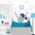 Happy woman pulls himself up after waking up. Female character sits on bed with cat and stretching arms. Beginning good day. Girl