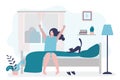 Happy woman pulls himself up after waking up. Female character sits on bed with cat and stretching arms. Beginning good day. Girl